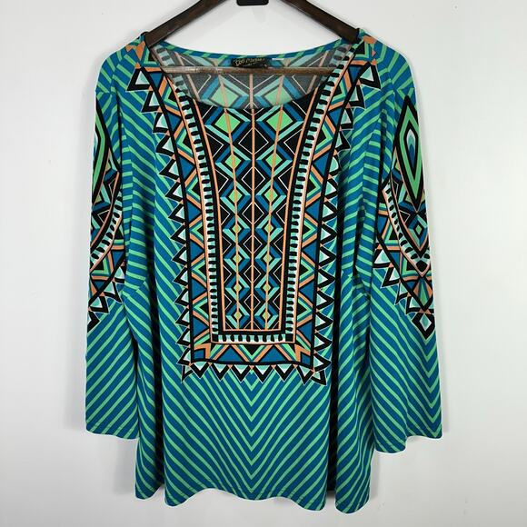 Bob‎ Mackie Top Womens 2X Bold Graphic Print Long Sleeve Retro Festival Y2K - Picture 1 of 6